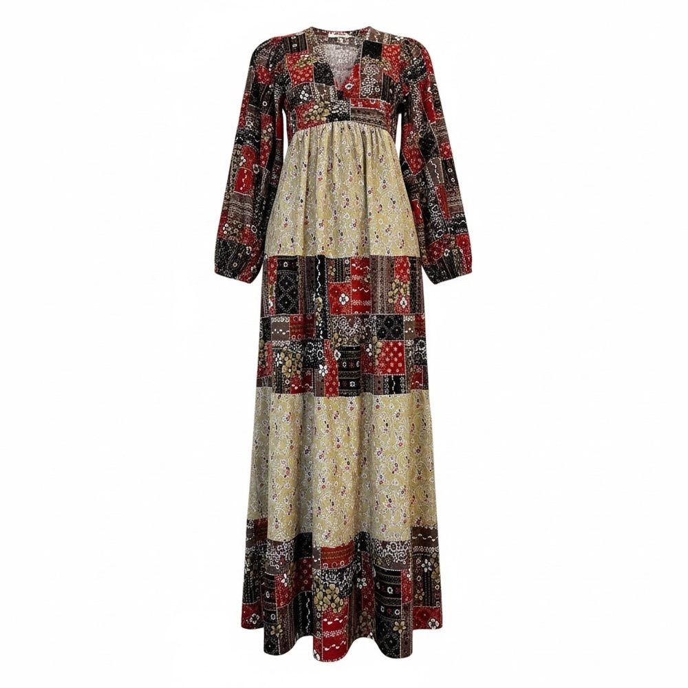 Vintage 70s Patchwork Prairie Maxi Dress Balloon Sleeves XS Boho Hippie